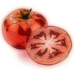 a few tomatoes, one whole and one sliced in half, are depicted with green stems.