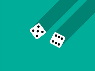 A pair of dice with numbers 5 and 6. Craps dice pair on a green table with a long shadow, top view. Casino dice game. Design for applications, banners, booklets, covers. Vector illustration