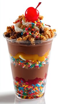 Layered dessert cup with chocolate pudding, sprinkles, and cherry topping