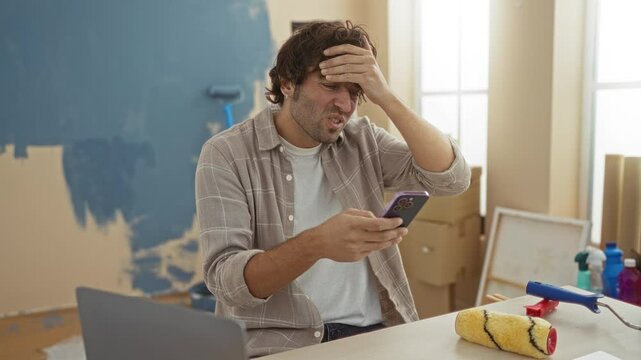 Young man frustrated in living room checking phone during home renovation with paint roller on table and unfinished wall in background showing stress in new apartment environment