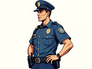 an image of a cartoon police officer standing with his hands on his hips, there is a cartoon of a police officer standing with his hands on his hips