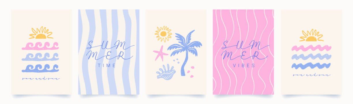 Set of abstract summer poster in doodle naive style. Modern prints with hand drawn palm tree, sun, sea, wave, seashells. Vacation and beach concept. Trendy design for cards, wall art, branding.
