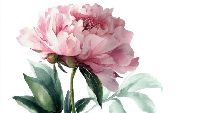 Elegant pink peony bloom with lush green leaves on white background