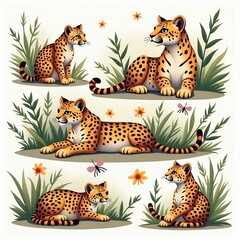 Obraz premium an image of a set of four illustrations of a leopard, there is a set of four pictures of a cheetah laying down