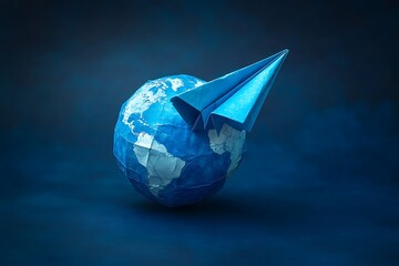 Origami paper plane flying over a paper globe, symbolizing global travel, communication, and creativity