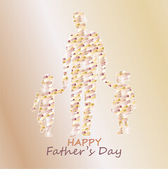 Obraz premium Illustration of Happy Father's Day greeting. Two cartoon children held by father.