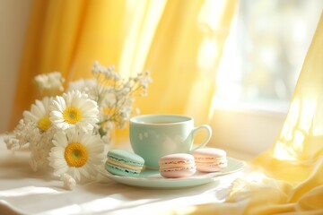 Delicate pastries and flowers by the window