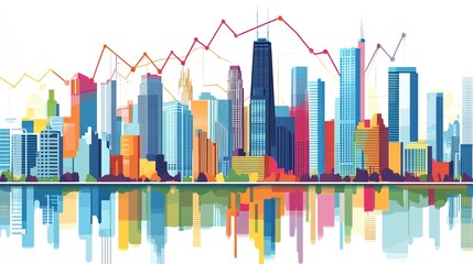 Obraz premium Colorful City Skyline Reflection with Graph Lines Illustrating Growth Trends