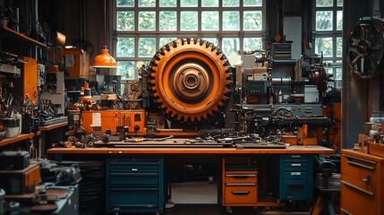 High dynamic range shot of transmission repair with ambient lighting in a clean minimalist workshop
