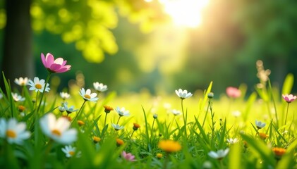 Fototapeta premium Peaceful sunny meadow with tall grass and blooming flowers, green, sun