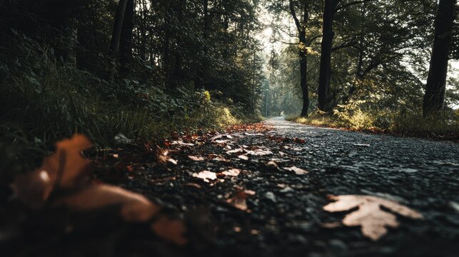 Autumnal Forest Path: Sunlit Road, Fallen Leaves, Serene Photography