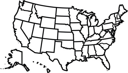 USA Map Silhouette with Outlined States – Black and White Vector Template for Geography, Education, and Infographics