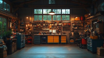High dynamic range shot of transmission repair with ambient lighting in a clean minimalist workshop
