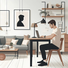 vector illustration of a man working on a laptop in a minimalist home office setup, with white background, neutral tones, Scandinavian-style decor