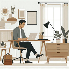flat vector of a man working on a laptop in a minimalist home office setup, clean white background, neutral tones, Scandinavian-style decor