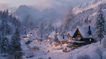 Idyllic winter village nestled in snow-covered mountains at twilight