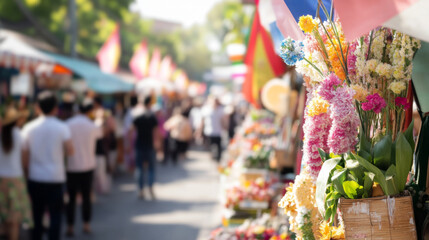Fototapeta premium Songkran street celebration with people, colorful flowers and festive flags outdoors