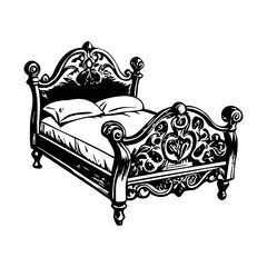 A vintage style illustration of a wooden bed 