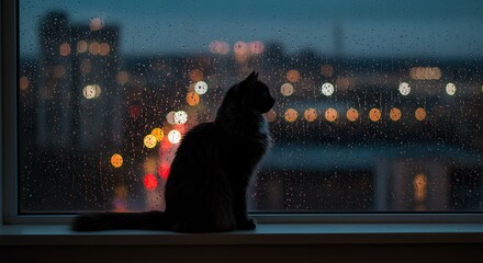 Fototapeta premium Cat Sitting by Window at Night