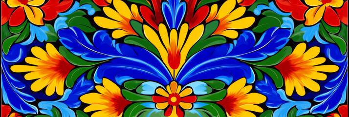 Mexican floral pattern with red, yellow and blue flowers and leaves on dark background