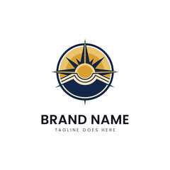 A modern circular logo featuring a stylized sun with rays, set against a dark blue and gold color scheme, exuding professionalism and creativity.