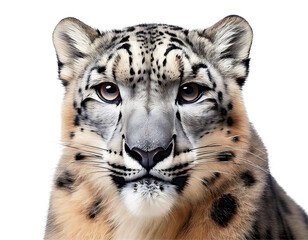 Fototapeta premium Stunning closeup portrait of a snow leopard against a white background.