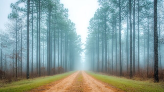Misty, forest path through rows of tall pines. - Powered by Adobe
