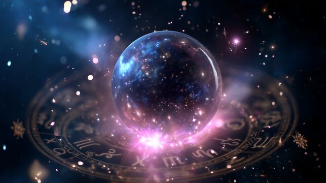 Cosmic crystal ball surrounded by glowing stars and astrological symbols in deep space