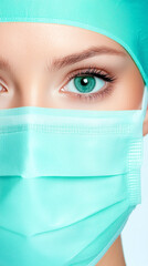 Close-Up Portrait of Surgeon in Full Scrubs and Mask Under Bright Operating Room Lights, Staring Directly into Camera with Intense Focus

