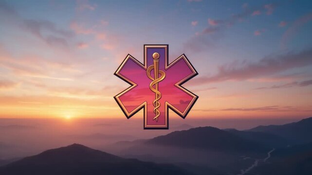 Symbol of Life Shines Amidst Mountainous Scenery at Sunrise, Golden Hour View
