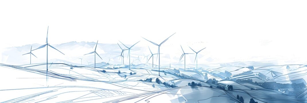 Stylized sketch or watercolor illustration of a wind farm on rolling hills. Blue and white tones depict renewable energy generation in a landscape setting.
