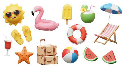 3d summer objects png element set on transparent background
