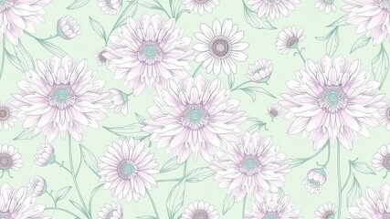 Fototapeta premium Elegant Pastel Floral Pattern Seamless Design Soft Pink White Flowers Green Background