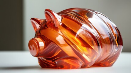 This close-up image of a stylish transparent orange piggy bank highlights its glossy surface and curves, perfect for modern decor and personal finance representation.