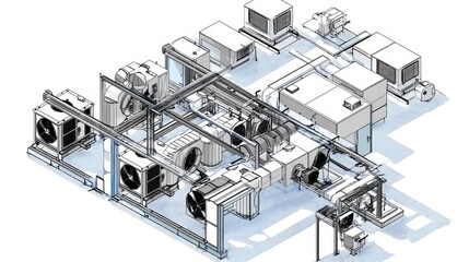 3D isometric illustration of HVAC blower system Industrial airflow setup visual