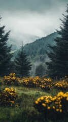 Misty Mountain Forest: Yellow Blooms and Serene Greens