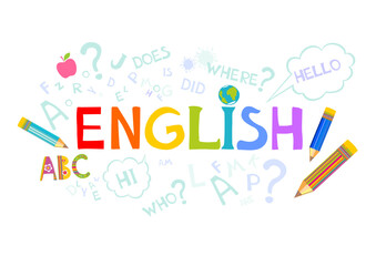 Design Concept Of Word ENGLISH Website Banner. English. Illustration for book, dictionary, vocabulary, speaking, reading, writing, listening skills. Education vector illustration