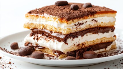 A decadent chocolate layered cake boasts rich filling and cream, beautifully plated to captivate dessert enthusiasts looking for a scrumptious indulgence.