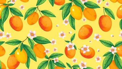 Obraz premium Vibrant Seamless Pattern of Ripe Kumquats with Blossoms on Yellow Background