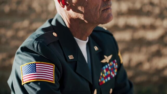 Close up of veteran soldier wearing uniform with american flag patch, commemorating memorial day, veterans day, or independence day, honoring military service and sacrifice for country