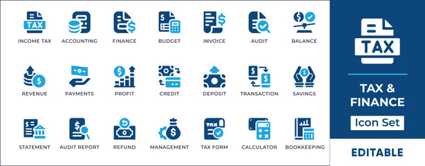 Tax Icon Set. Includes vector icons of finance, adviser, deduction, irs, planning, property, contribution, vat, rate, burden, refund, accounting, penalty, income, payment, form, illustration, set