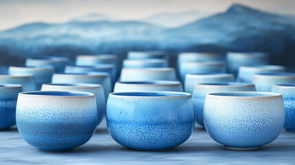 Multiple blue ceramic bowls im different shades of blue.