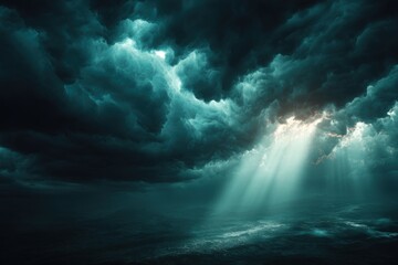 Dramatic seascape with stormy clouds and sun rays piercing through, creating a mystical and atmospheric scene over the dark and moody ocean waters, stunning.
