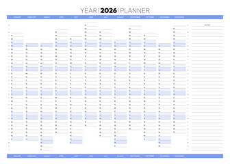 Blank blue annual planner, 2026 year wall calendar for daily agenda. Schedule page journal, stationery calendar, organizer, planner template with twelve months minimalist style vector illustration