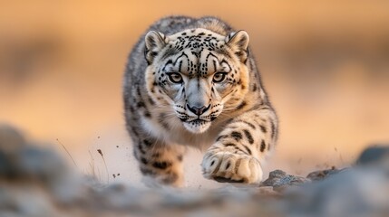 Obraz premium A striking snow leopard moves stealthily through its natural habitat, showcasing its beautiful coat and powerful presence in a serene, mountainous landscape.