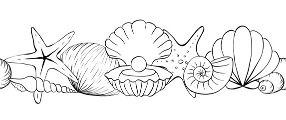 Sea shell close up seamless horizontal border. Vector graphic line ink pattern, summer background, great for textiles, banners, wallpapers. for banners, print for fabric, labels, t-shirt printing.