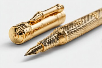 Exquisite golden rollerball pen and cap with intricate detailing, showcasing luxury craftsmanship and sophisticated design on a pristine white surface, perfect for elegance.