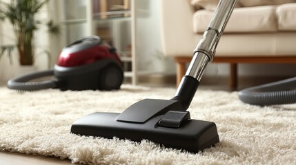 Closeup of vacuum cleaner on carpet Indoor cleaning service in progress