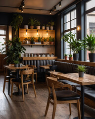 cozy industrial interior cafe with hanging lights polished wooden tables chairs and green plants arranged in flower pots on brick wall premium cafe and kitchen interior design
