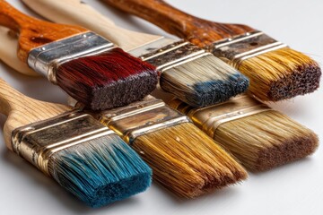 Fototapeta premium Macro shot of multiple paintbrushes with colorful bristles arranged close together, showcasing artistic tools and textures on a white background in soft studio lighting.